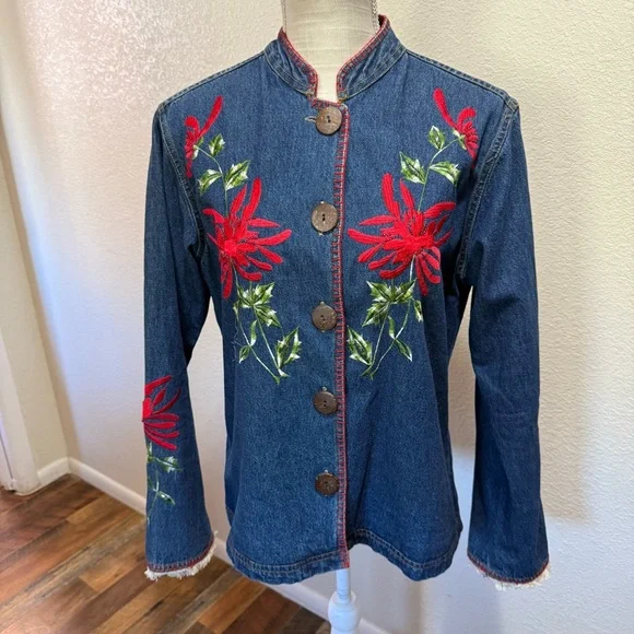 Carrie Allen - Embroidered Denim Jacket with Red Floral Accents - Size Large - Picture 1 of 15
